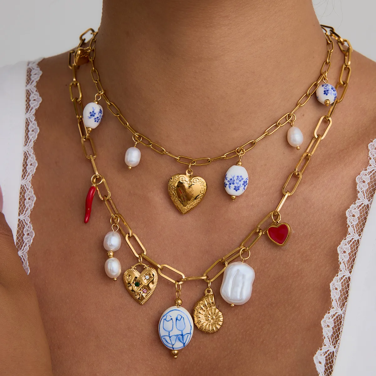 Stainless Steel Titanium Steel Sun Heart Shape Pearl Plating Ceramics Women's Earrings Necklace display picture 10