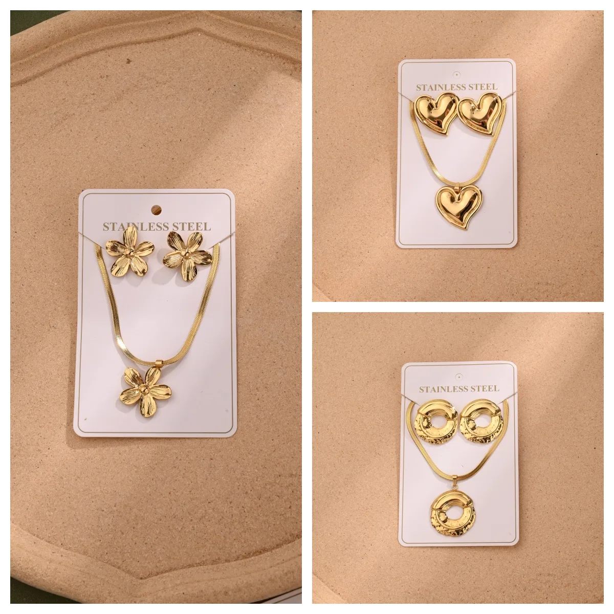 Casual Elegant Vacation 304 Stainless Steel Round Heart Shape Flower Polishing Plating Women's Jewelry Set display picture 1