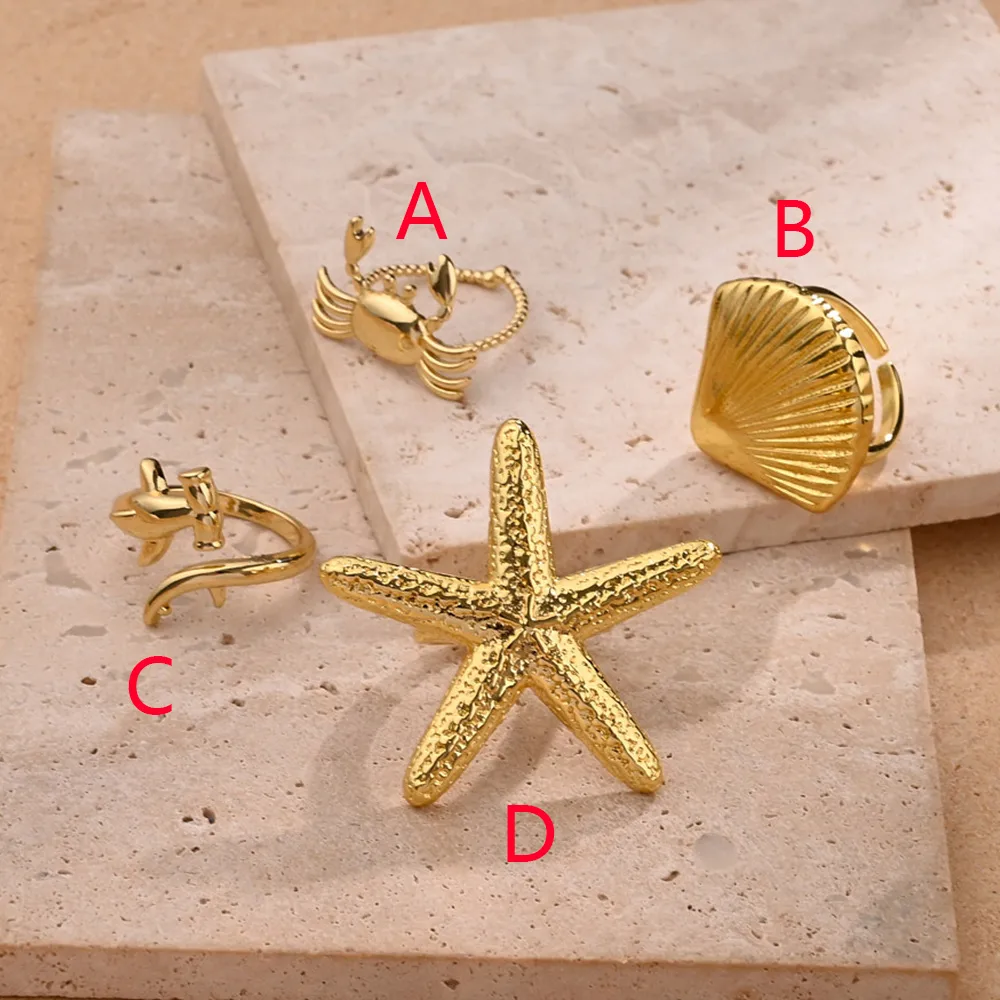 Estrella De Mar Cangrejo Cascarón Casual Estilo Moderno Cobre Chapados En Oro De 18K Anillos Abiertos Pulido display picture 2