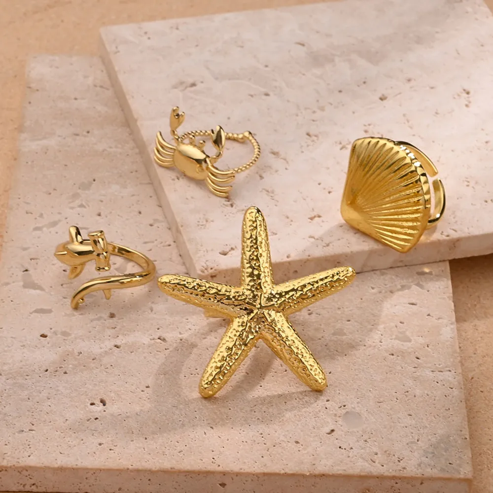 Estrella De Mar Cangrejo Cascarón Casual Estilo Moderno Cobre Chapados En Oro De 18K Anillos Abiertos Pulido display picture 1