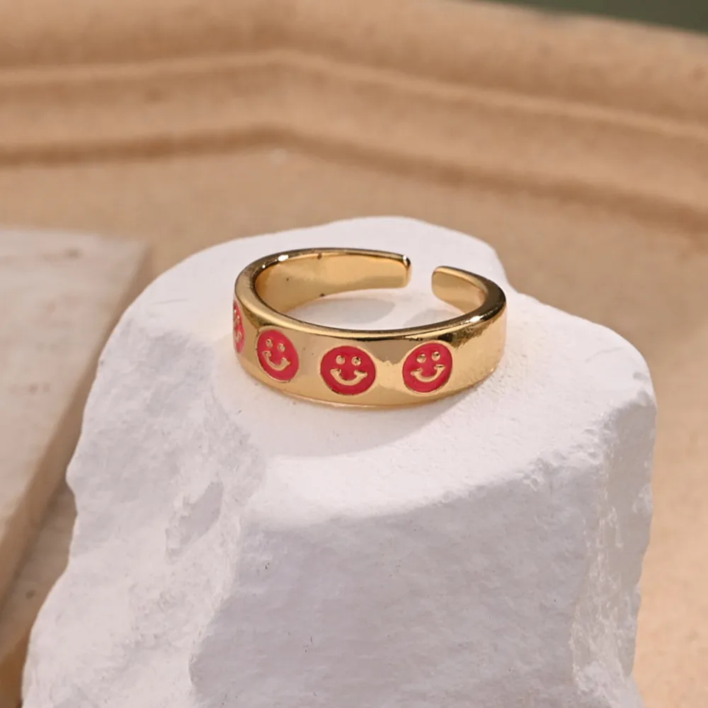 Cara Sonriente Casual Estilo Moderno Cobre Chapados En Oro De 18K Anillos Abiertos Pulido Esmalte display picture 4