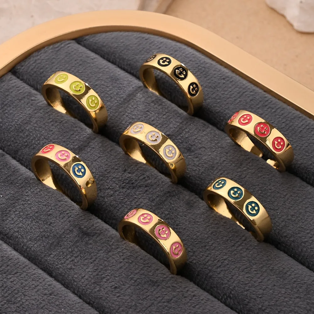 Cara Sonriente Casual Estilo Moderno Cobre Chapados En Oro De 18K Anillos Abiertos Pulido Esmalte display picture 1
