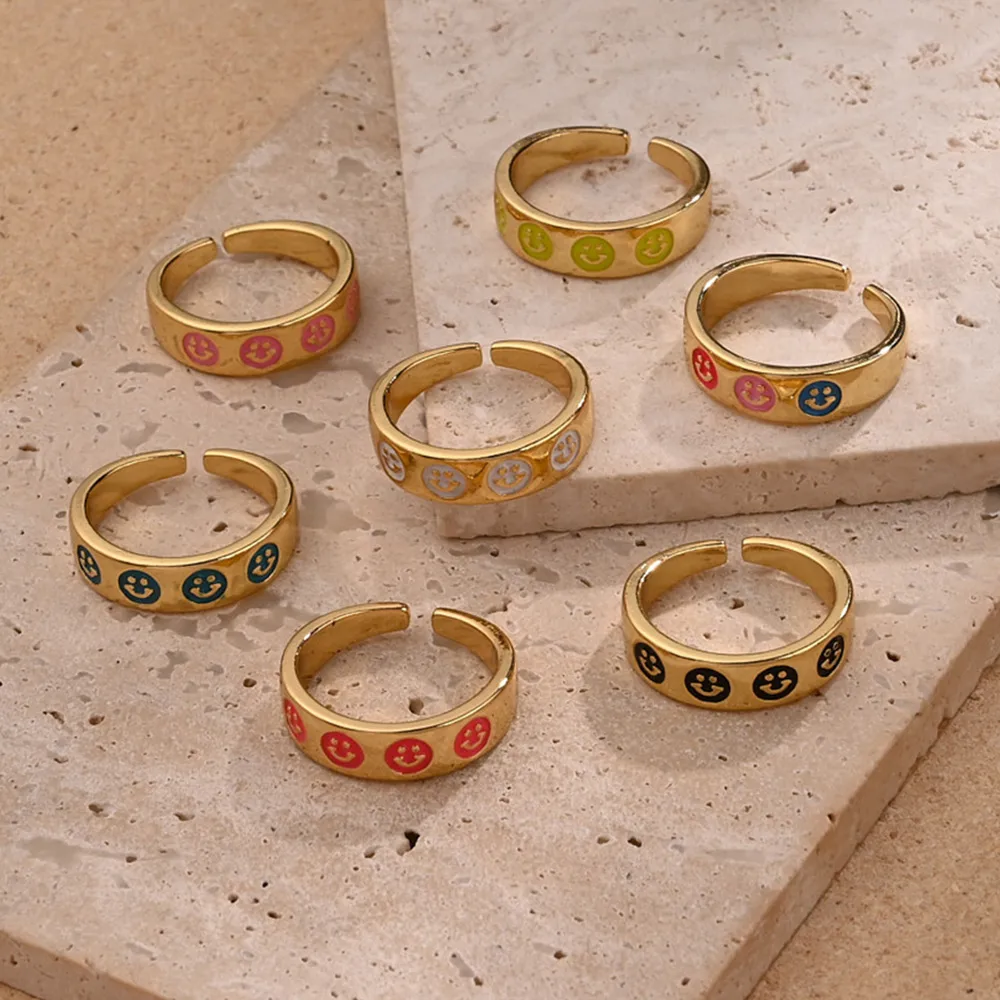 Cara Sonriente Casual Estilo Moderno Cobre Chapados En Oro De 18K Anillos Abiertos Pulido Esmalte display picture 2