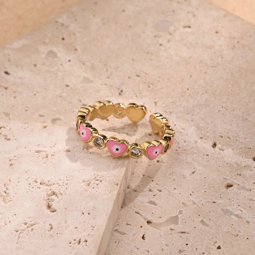 Corazón Rojo Ojo Casual Estilo Moderno Circón Cobre Chapados En Oro De 18K Anillos Abiertos Pulido Esmalte display picture 3
