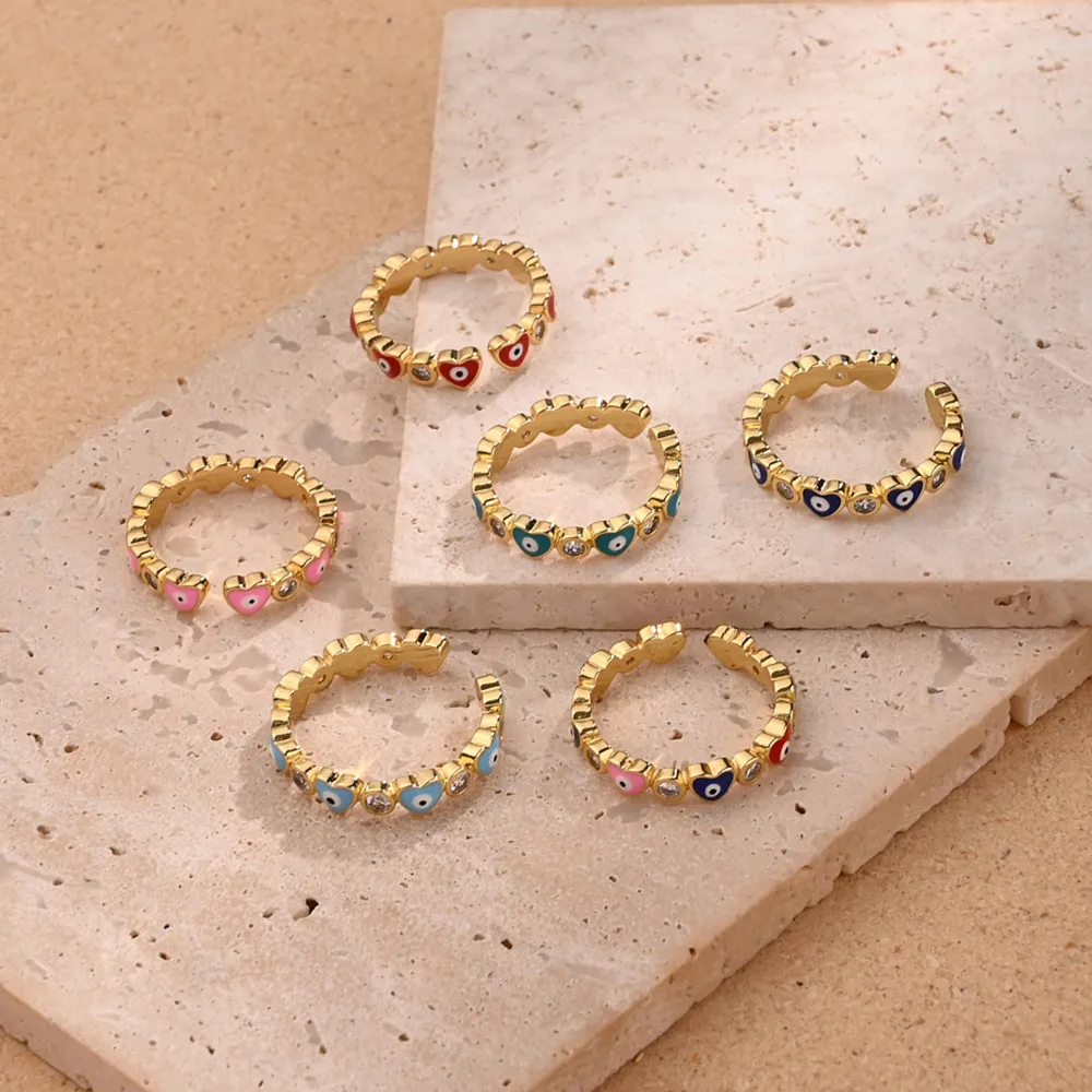 Corazón Rojo Ojo Casual Estilo Moderno Circón Cobre Chapados En Oro De 18K Anillos Abiertos Pulido Esmalte display picture 1