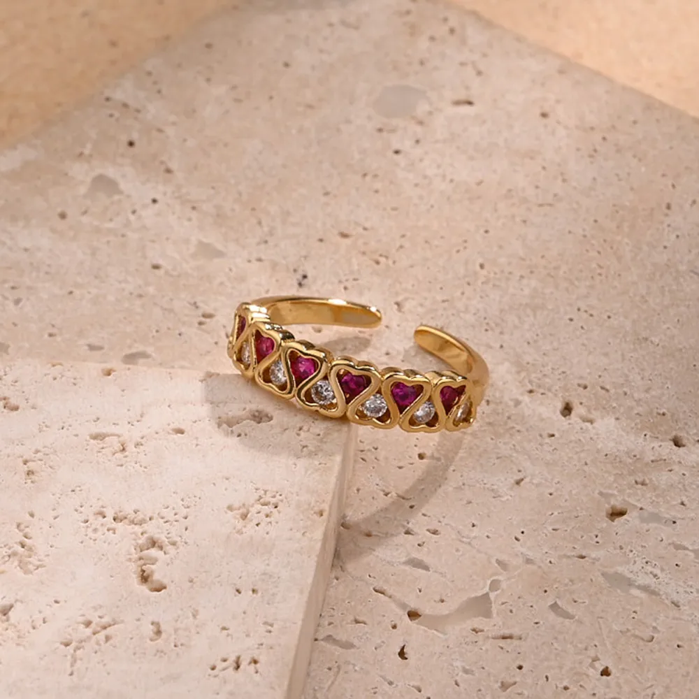 Red Heart Casual Modern Style Zircon Copper 18K Gold Plated Open Rings Polishing display picture 3