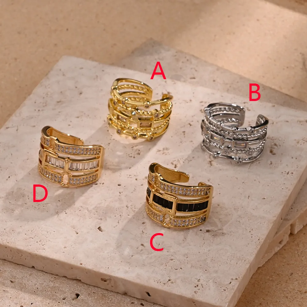 Ronda Cuadrado Casual Estilo Moderno Circón Cobre Chapados En Oro De 18K Blanco Oro Plateado Anillos Abiertos Pulido display picture 2