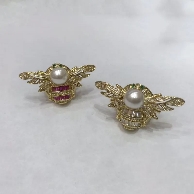 Bee IG Style Modern Style Acrylic Pearl Zircon Copper 18K Gold Plated Open Rings Polishing Inlay display picture 1