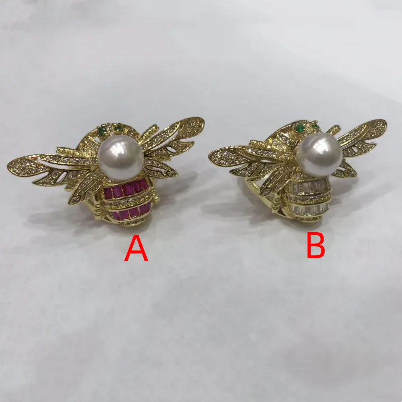 Bee IG Style Modern Style Acrylic Pearl Zircon Copper 18K Gold Plated Open Rings Polishing Inlay display picture 3