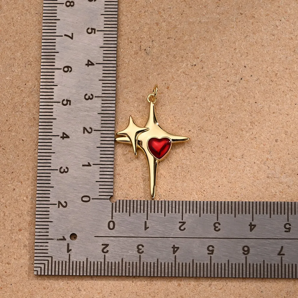 1 Pc/Package Copper 18K Gold Plated Polished Four Eight-Pointed Stars Red Heart Pendant display picture 6