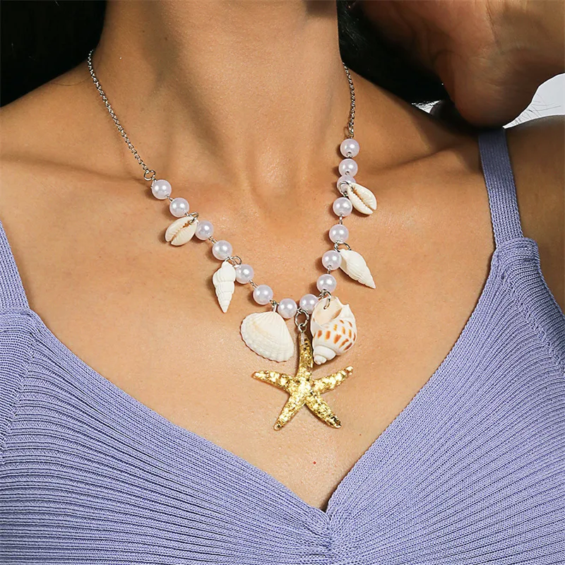 Ornament Bohemian Beach Shell Conch Sunflower Necklace Imitation Pearl Starfish Conch Pendant display picture 12