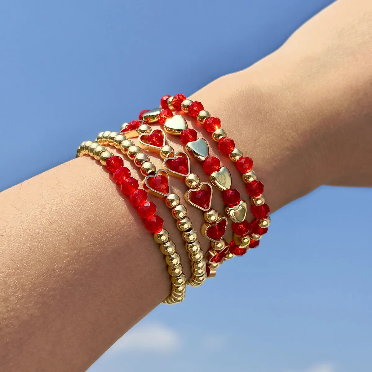 Hot Sale Bohemian Red Heart Bracelet Five-Piece Set Valentine's Day Beaded Red Heart Mantra Stacking Bracelet For Women display picture 2
