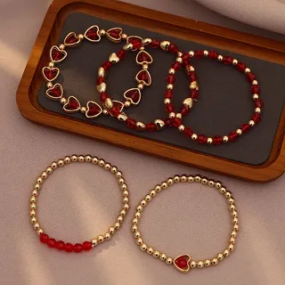 Hot Sale Bohemian Red Heart Bracelet Five-Piece Set Valentine's Day Beaded Red Heart Mantra Stacking Bracelet For Women display picture 3