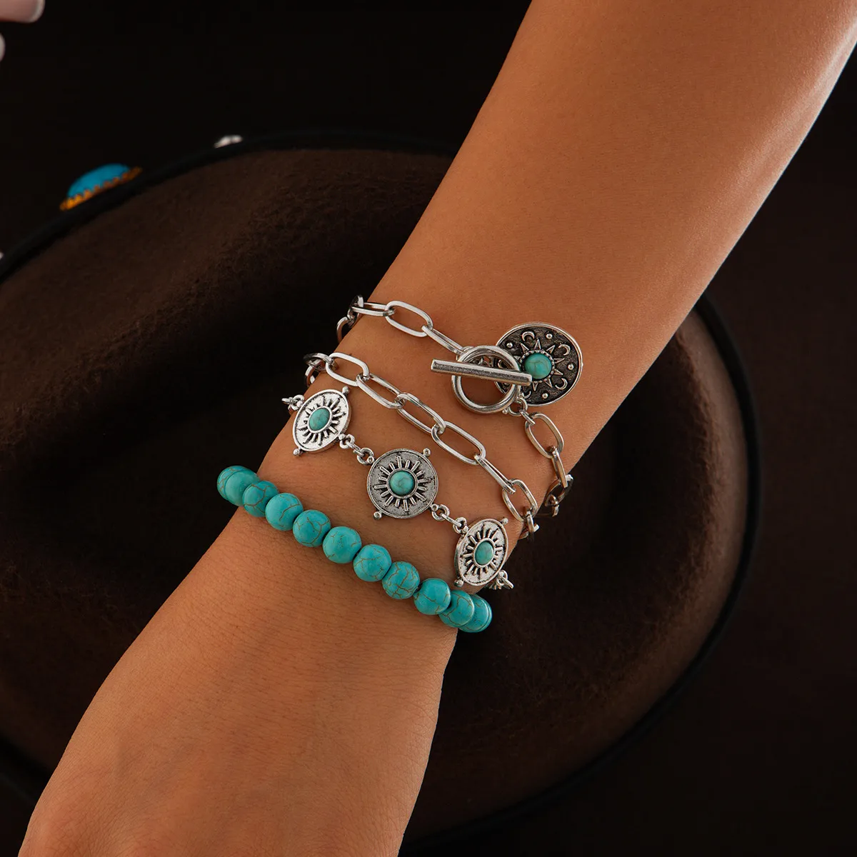 Ethnic Style Retro Turquoise Cowboy Hat Bracelet Suit Personality Multi-Element Snake Bone Chain Bracelet display picture 5