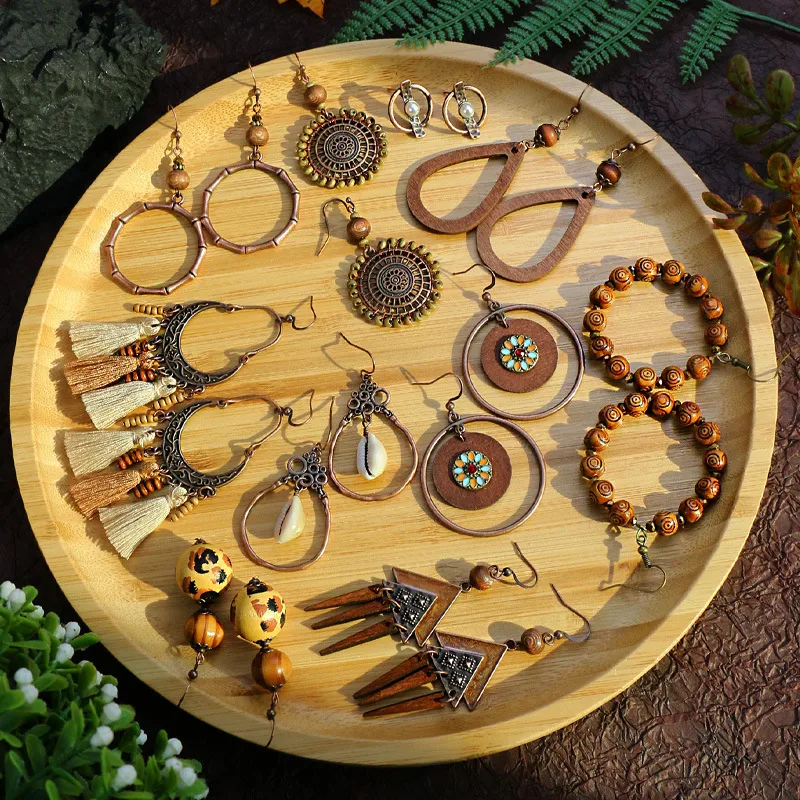 , Nuevos Pendientes De Borla De Madera Bohemios Hechos A Mano, Elegantes Y Elegantes Anillos Geométricos Circulares display picture 6
