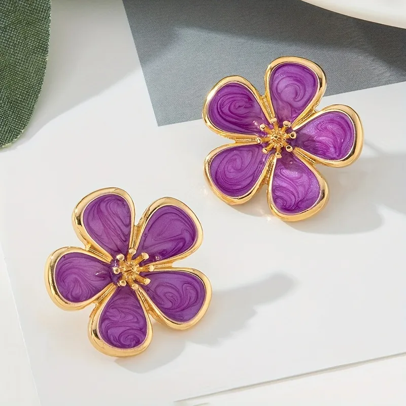 Pendientes Coreanos De Flores De Esmalte De Punto De Aceite De Metal De Estilo Floral De Cinco Pétalos, Pendientes De Estilo De Vacaciones Frescas display picture 10