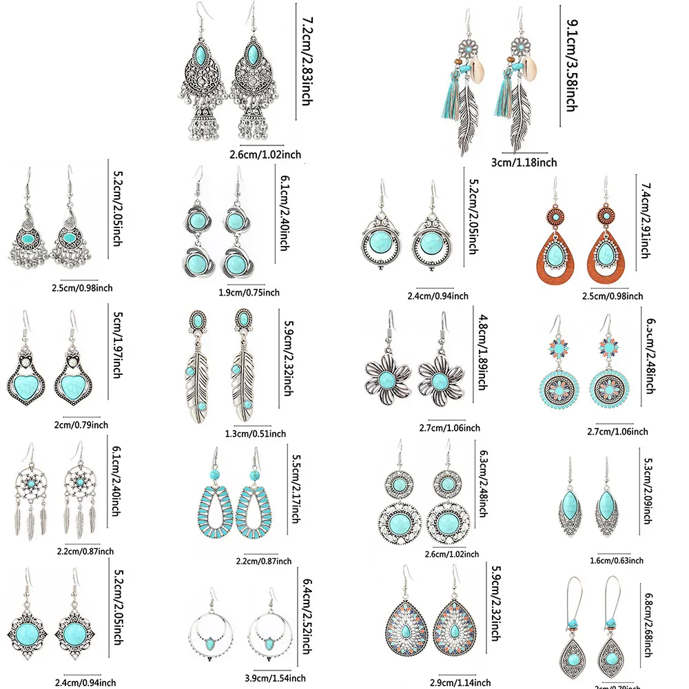 Wholesale Vintage Bohemian Turquoise Earrings Suit National Fashion Eardrops Earrings Supply display picture 1