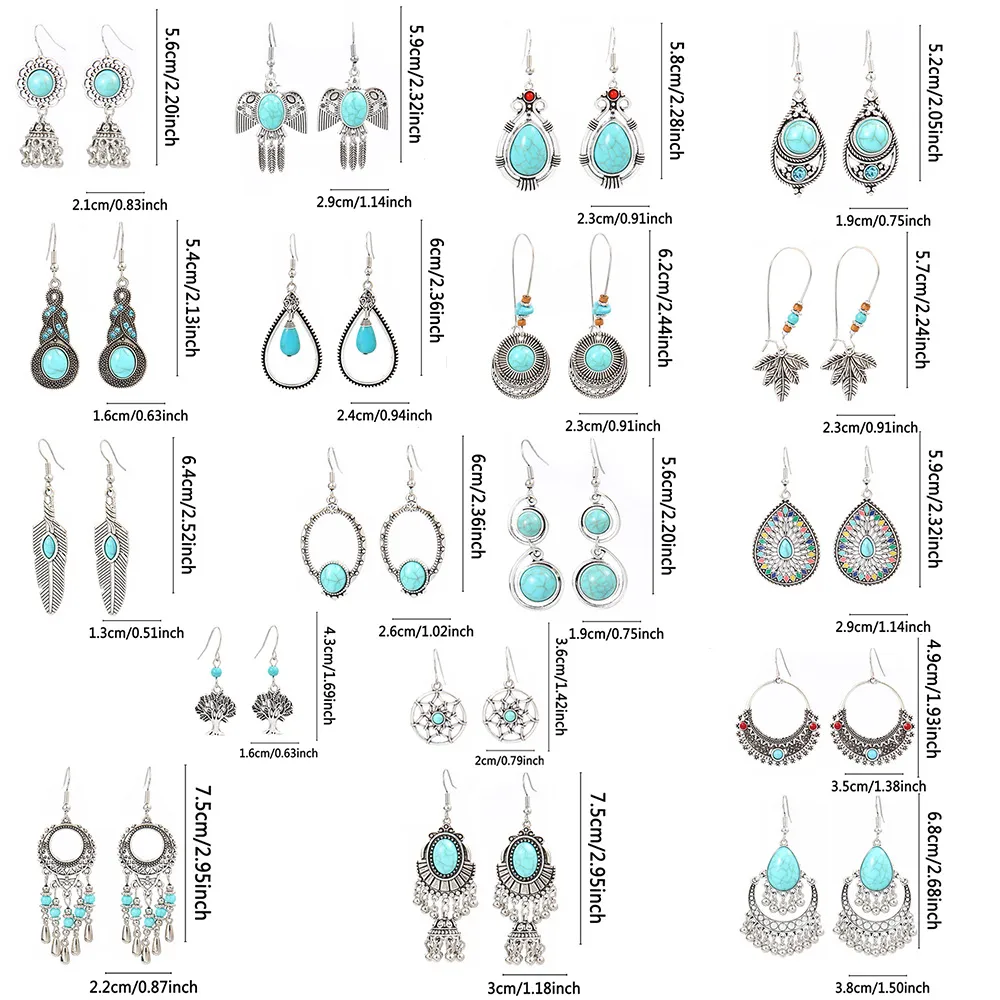 Wholesale Vintage Bohemian Turquoise Earrings Suit National Fashion Eardrops Earrings Supply display picture 2