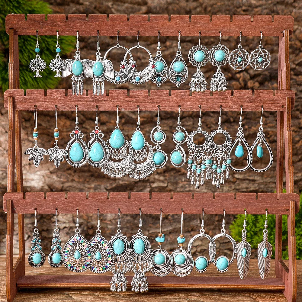 Wholesale Vintage Bohemian Turquoise Earrings Suit National Fashion Eardrops Earrings Supply display picture 4