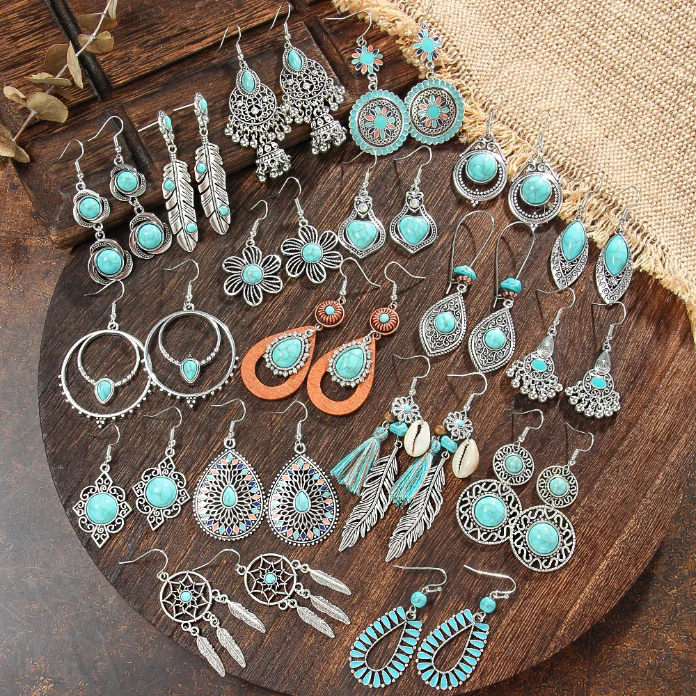 Wholesale Vintage Bohemian Turquoise Earrings Suit National Fashion Eardrops Earrings Supply display picture 5