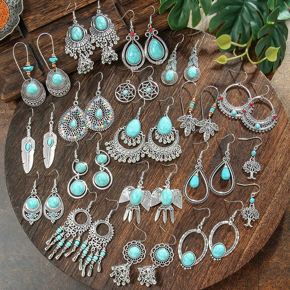 Wholesale Vintage Bohemian Turquoise Earrings Suit National Fashion Eardrops Earrings Supply display picture 6