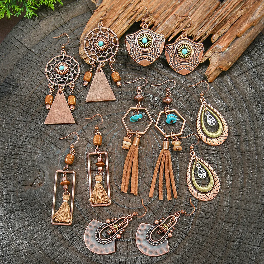 Retro Coffee Color Earrings Suit Bohemian Fashion Creative Geometric Ear Rings All Match Tassel Earrings display picture 8