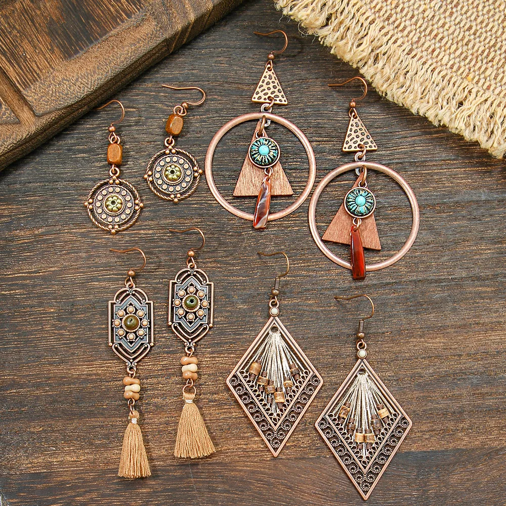Retro Coffee Color Earrings Suit Bohemian Fashion Creative Geometric Ear Rings All Match Tassel Earrings display picture 9
