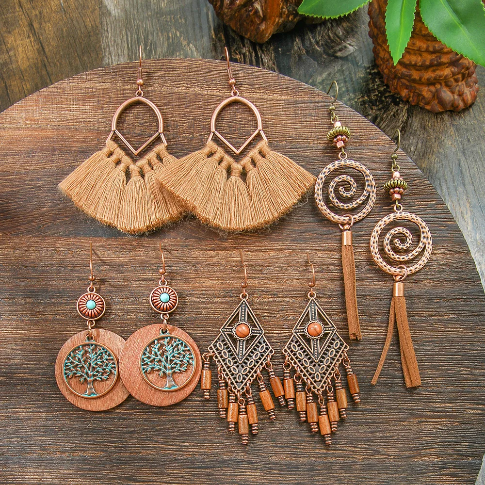 Pendientes Retro Color Café Traje Bohemio Moda Creativa Geométrica Pendientes Todos Juego Con Borlas display picture 10