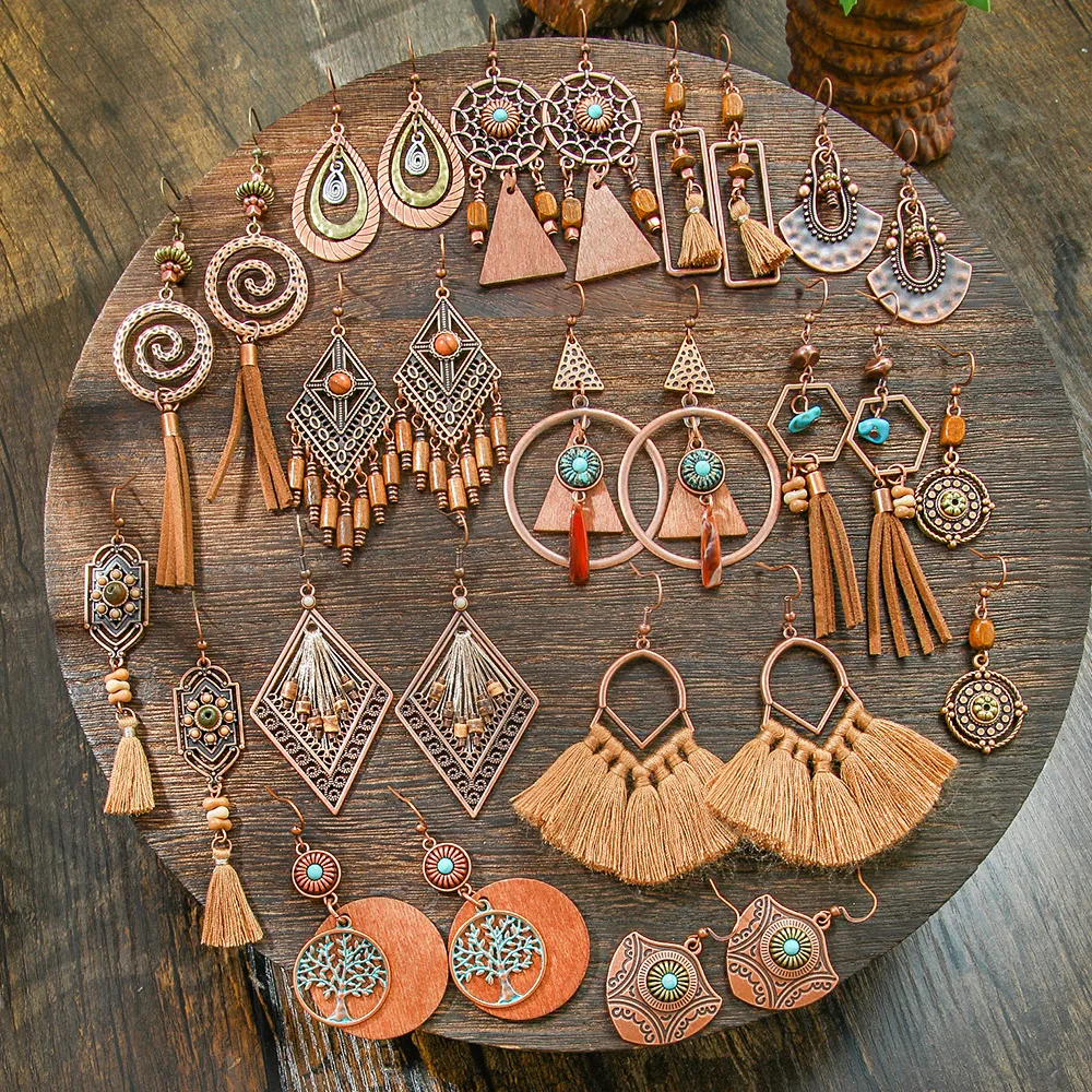 Retro Coffee Color Earrings Suit Bohemian Fashion Creative Geometric Ear Rings All Match Tassel Earrings display picture 11