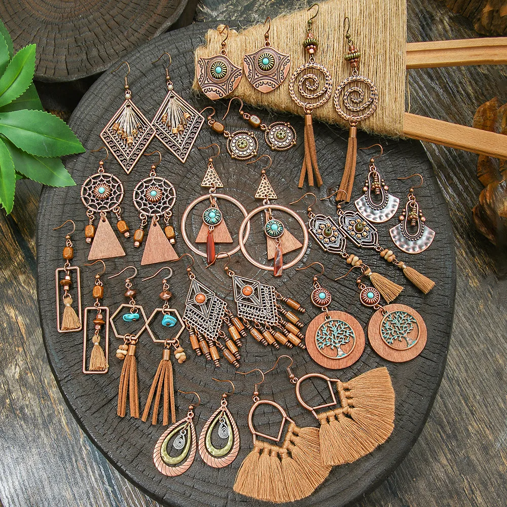 Retro Coffee Color Earrings Suit Bohemian Fashion Creative Geometric Ear Rings All Match Tassel Earrings display picture 12