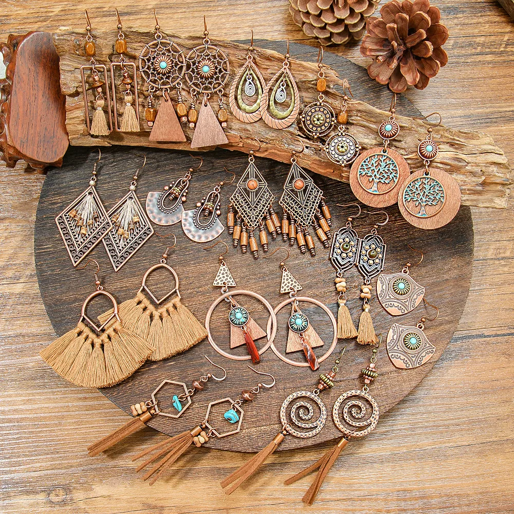 Retro Coffee Color Earrings Suit Bohemian Fashion Creative Geometric Ear Rings All Match Tassel Earrings display picture 13