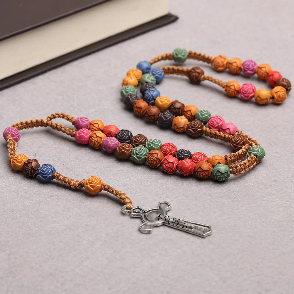 Rose Sutra Color Cross Necklace God Rose Rosary Prayer Beads   Trade Jewelry display picture 2