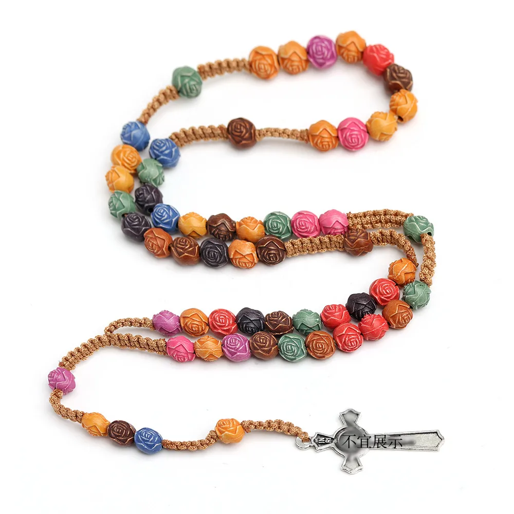 Rose Sutra Color Cross Necklace God Rose Rosary Prayer Beads   Trade Jewelry display picture 1