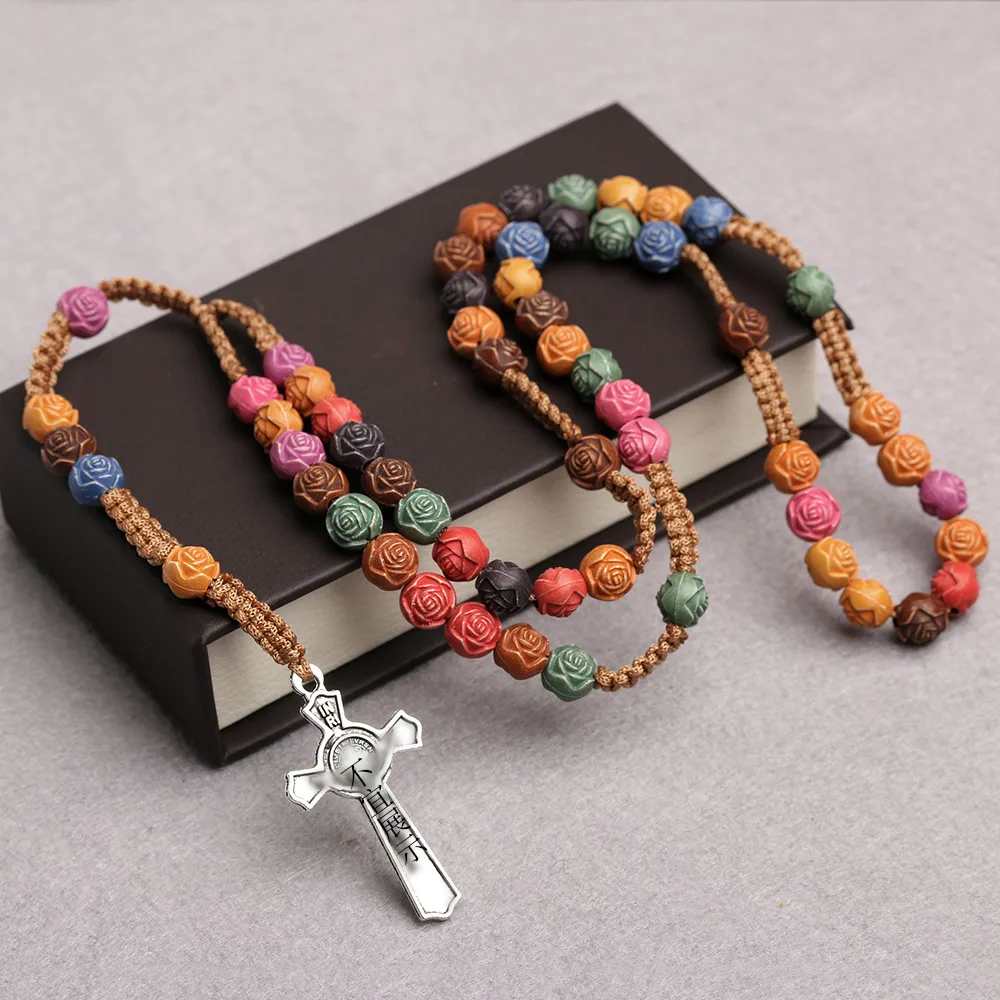 Rose Sutra Couleur Croix Collier Dieu Rose Rosaire Prière Perles Transfrontalières  Commerce Bijoux display picture 3