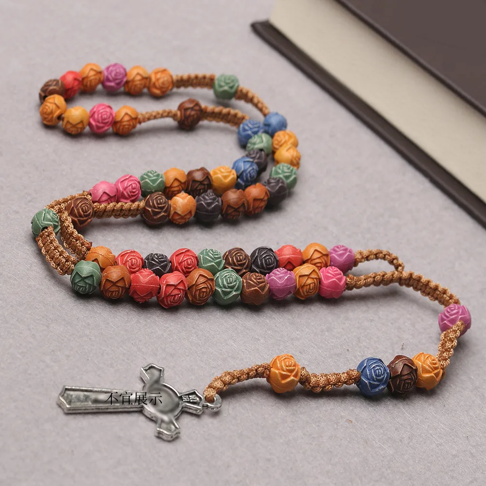 Rose Sutra Color Cross Necklace God Rose Rosary Prayer Beads   Trade Jewelry display picture 4