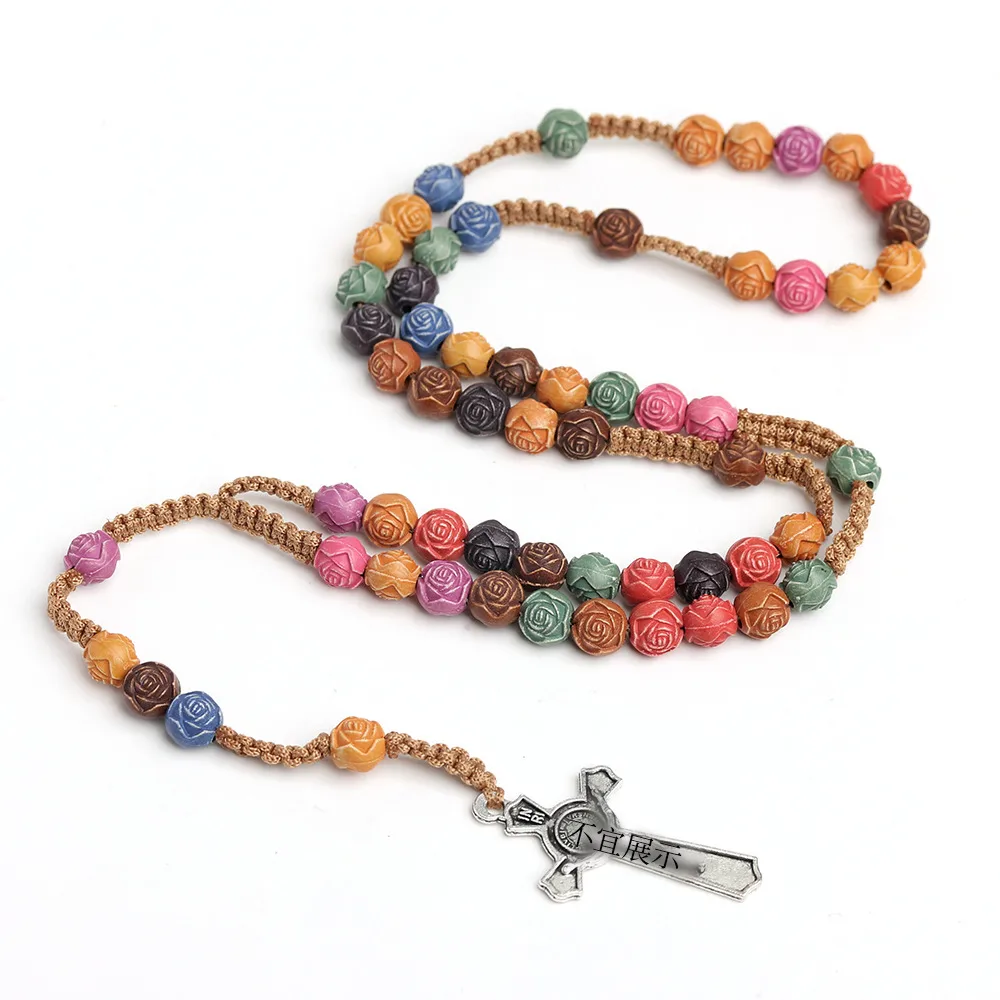 Rose Sutra Color Cross Necklace God Rose Rosary Prayer Beads   Trade Jewelry display picture 5