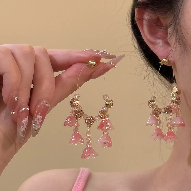 1 Pair Flower Sweet Glass Copper Drop Earrings display picture 4