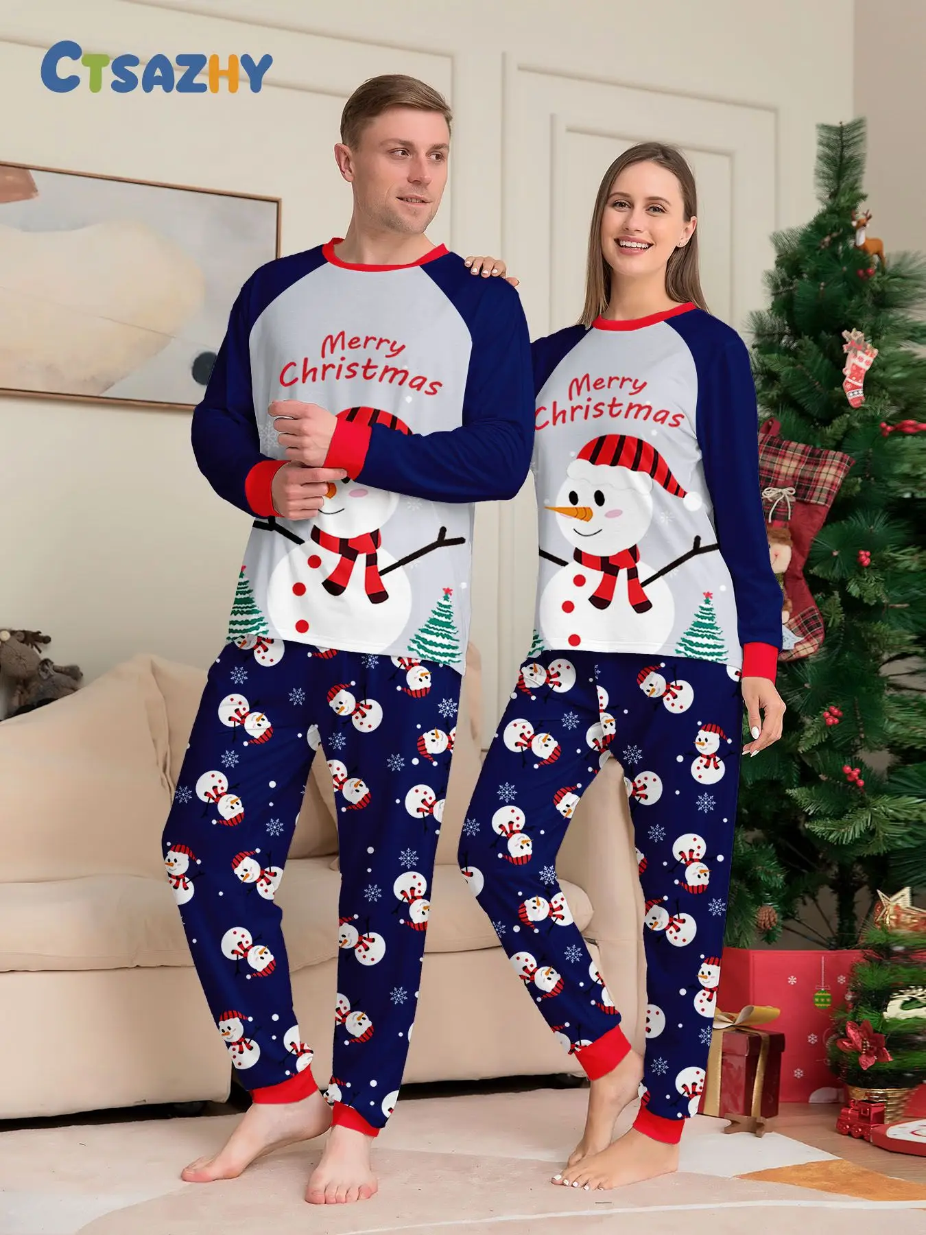 Pijama De Navidad Con Estampado De Payaso De Nieve Adecuado Para Padres E Hijos Material De Poliéster Flannel Suave Para Todas Las Estaciones display picture 2