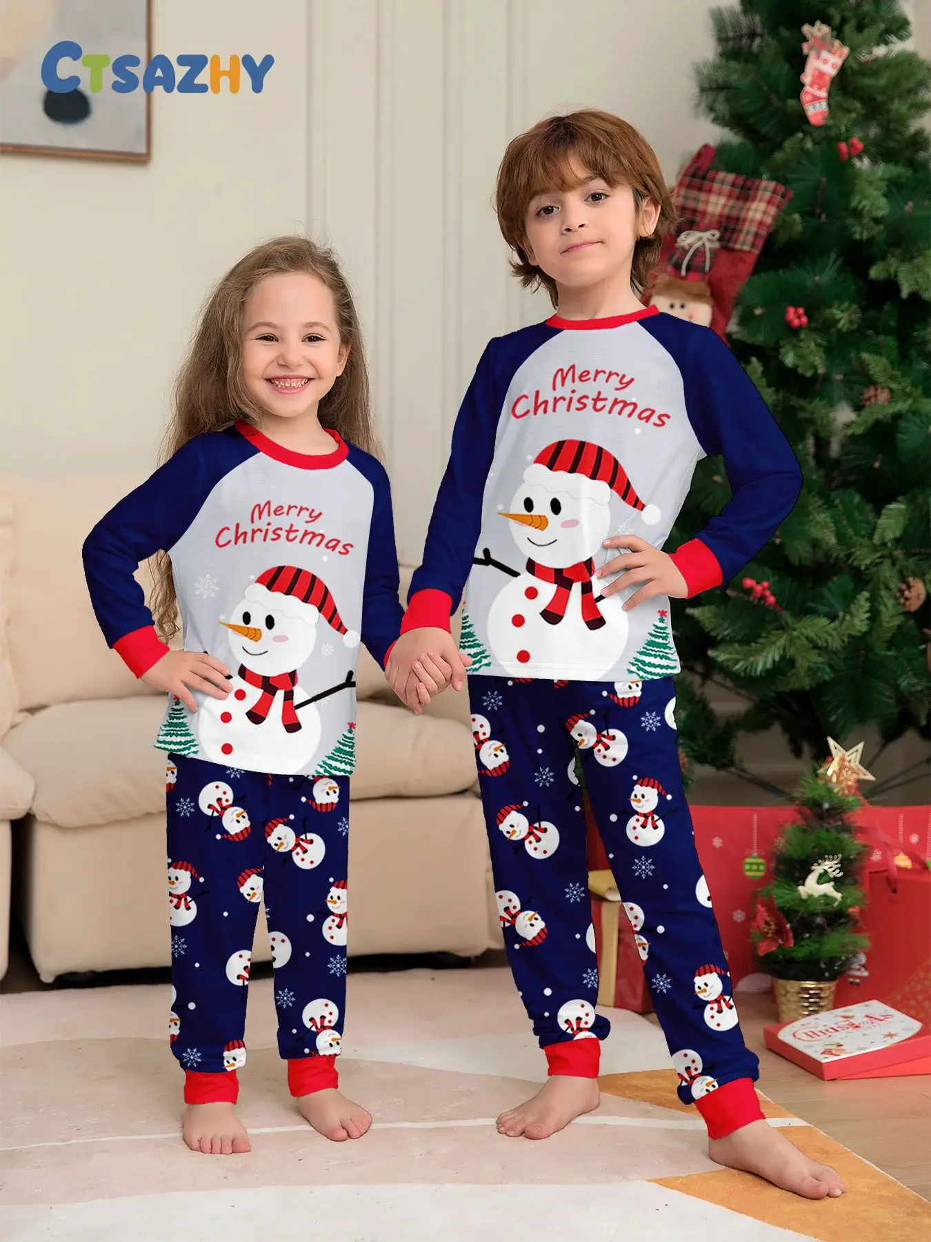 Pajamas En Flanelle De Coton Doux À Motif De Père Noël Et Homme De Neige Pour Enfants Et Adultes Couleurs Variées Vêtements De Maison Pour Toutes Les Saisons display picture 3