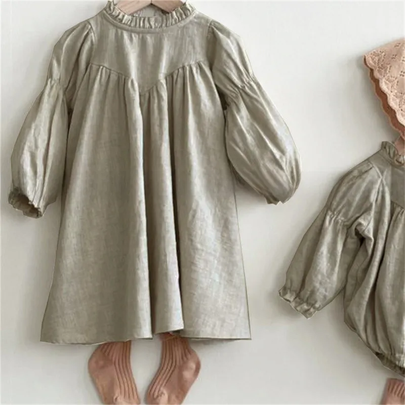 Robe Midi Fillette Style Coréen Automne Nouvelle Mode Col Chinois Robe Douce En Coton Couleur Unie Robe Parent-Enfant display picture 7