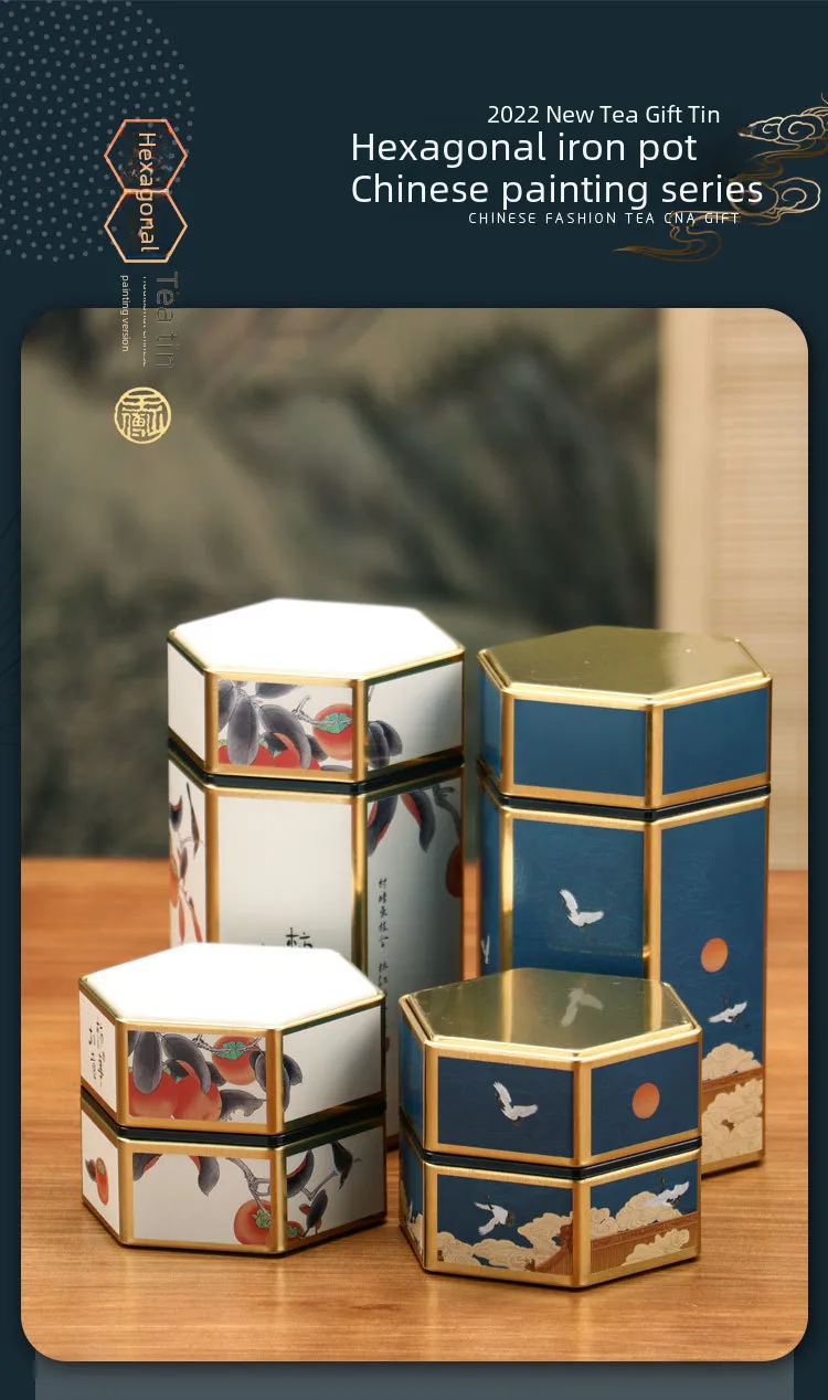 Boîte En Fer Traditionnelle Chinoise Vides Pour Thé Vert Ou Rouge Poids De 125g Style Hexagonal Avec Motif Rond Métallique display picture 1