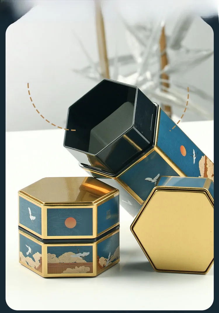 Boîte En Fer Traditionnelle Chinoise Vides Pour Thé Vert Ou Rouge Poids De 125g Style Hexagonal Avec Motif Rond Métallique display picture 4