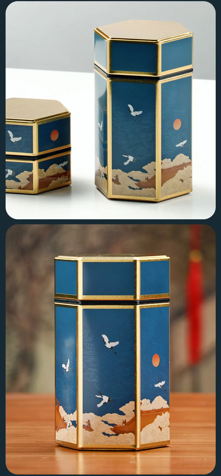 Boîte En Fer Traditionnelle Chinoise Vides Pour Thé Vert Ou Rouge Poids De 125g Style Hexagonal Avec Motif Rond Métallique display picture 8