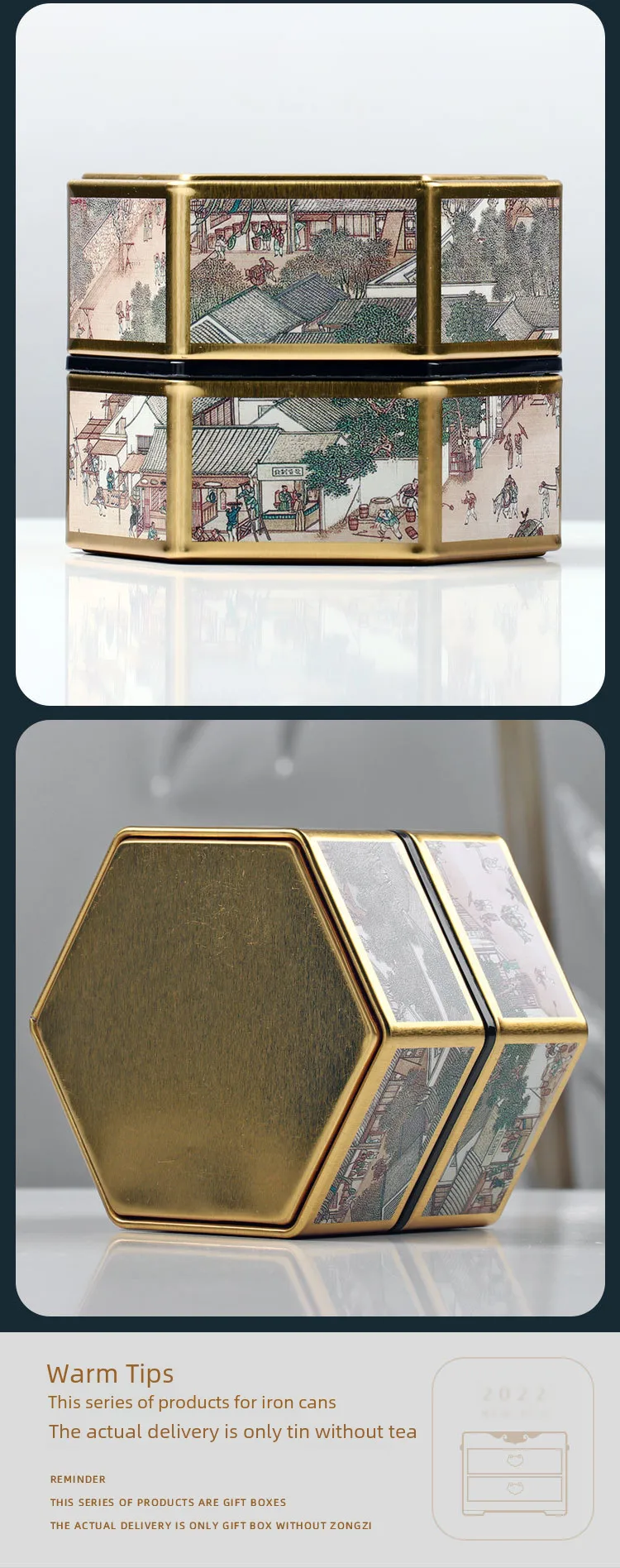Boîte En Fer Traditionnelle Chinoise Vides Pour Thé Vert Ou Rouge Poids De 125g Style Hexagonal Avec Motif Rond Métallique display picture 13