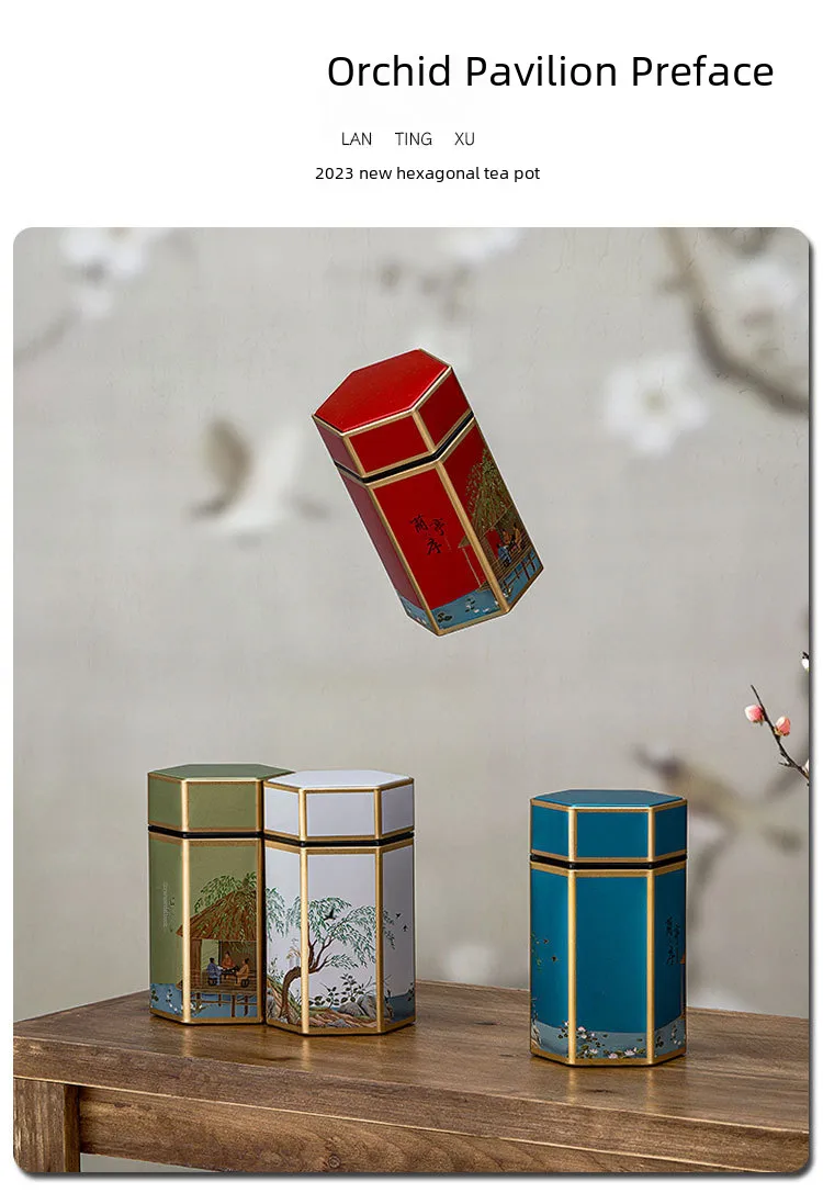Boîte En Fer Traditionnelle Chinoise Vides Pour Thé Vert Ou Rouge Poids De 125g Style Hexagonal Avec Motif Rond Métallique display picture 14