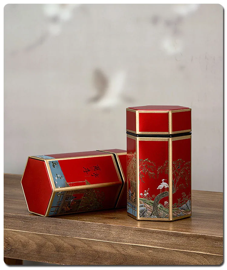 Boîte En Fer Traditionnelle Chinoise Vides Pour Thé Vert Ou Rouge Poids De 125g Style Hexagonal Avec Motif Rond Métallique display picture 15