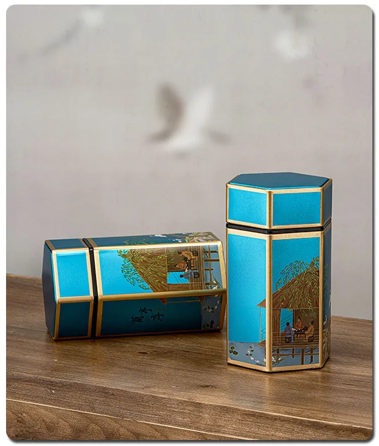 Boîte En Fer Traditionnelle Chinoise Vides Pour Thé Vert Ou Rouge Poids De 125g Style Hexagonal Avec Motif Rond Métallique display picture 19