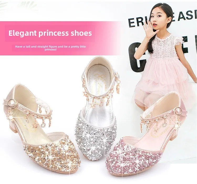 Princess High Heels Crystal Performance Silver Shoes For Girls Spring Autumn New Style Children's Footwear Low Cut Ultra Leather display picture 1