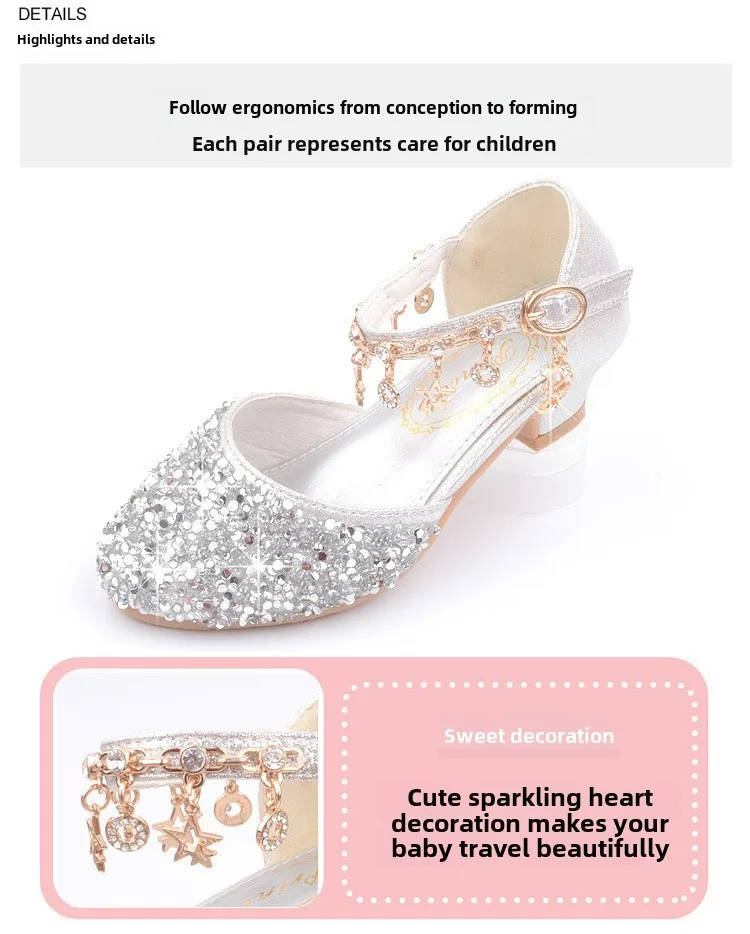 Princess High Heels Crystal Performance Silver Shoes For Girls Spring Autumn New Style Children's Footwear Low Cut Ultra Leather display picture 3