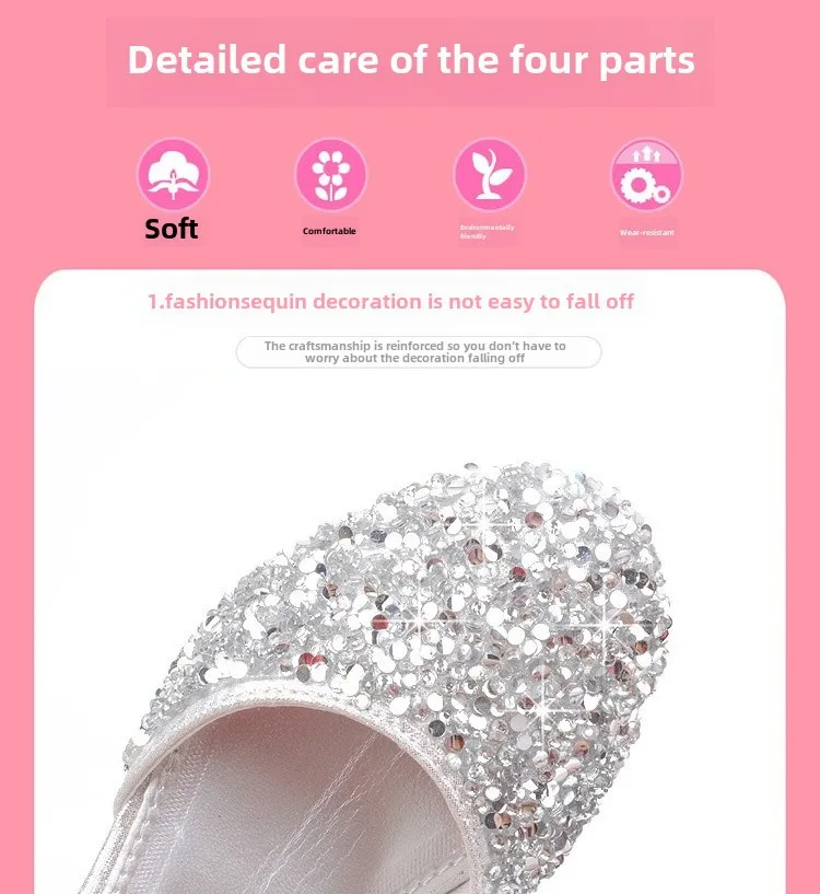 Princess High Heels Crystal Performance Silver Shoes For Girls Spring Autumn New Style Children's Footwear Low Cut Ultra Leather display picture 4